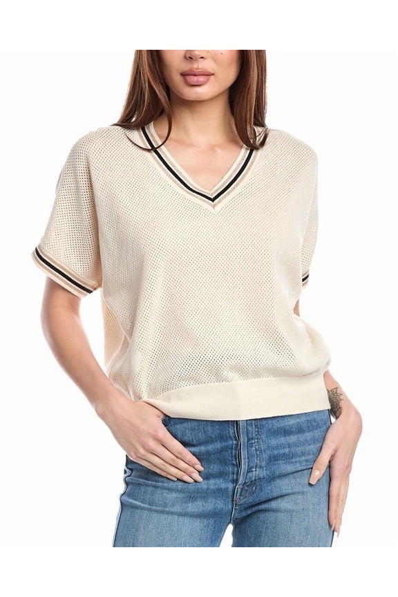 SOFT CREAM Women's V-Neck Short Sleeve Stripe Sweater, US Small