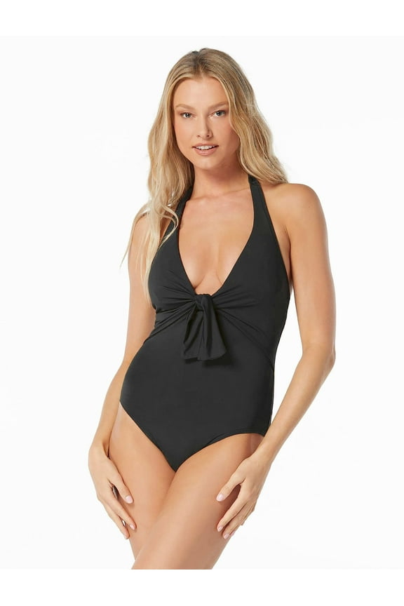 womens Tie-Front Halter One-Piece, 6, Black