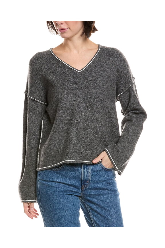 womens V-Neck Contrast Crochet Sweater, xs, Gray