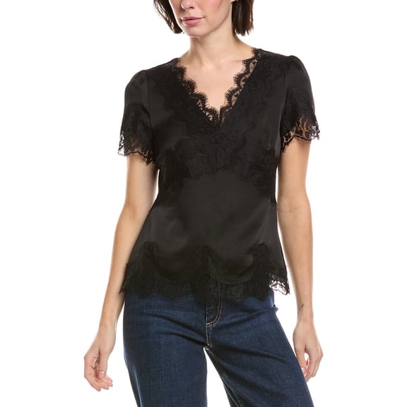 Vince Camuto womens  V-Neck Lace -Trim Top, 8, Black