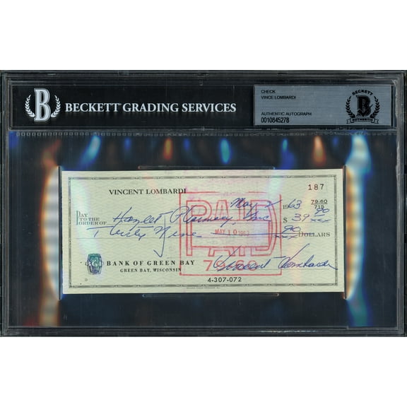 Vince Lombardi Autographed 3x6 Check Green Bay Packers Beckett BAS #10845278