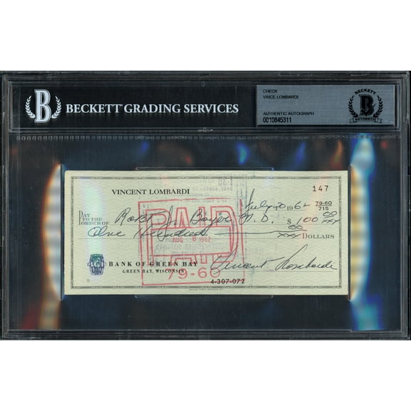 Vince Lombardi Autographed 3x6 Check Green Bay Packers Beckett BAS #10845311