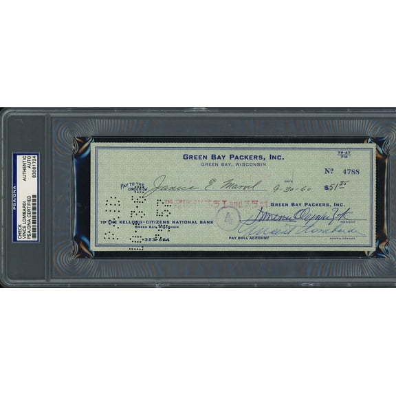 Vince Lombardi Autographed 3x8 Check Green Bay Packers PSA/DNA #83061724