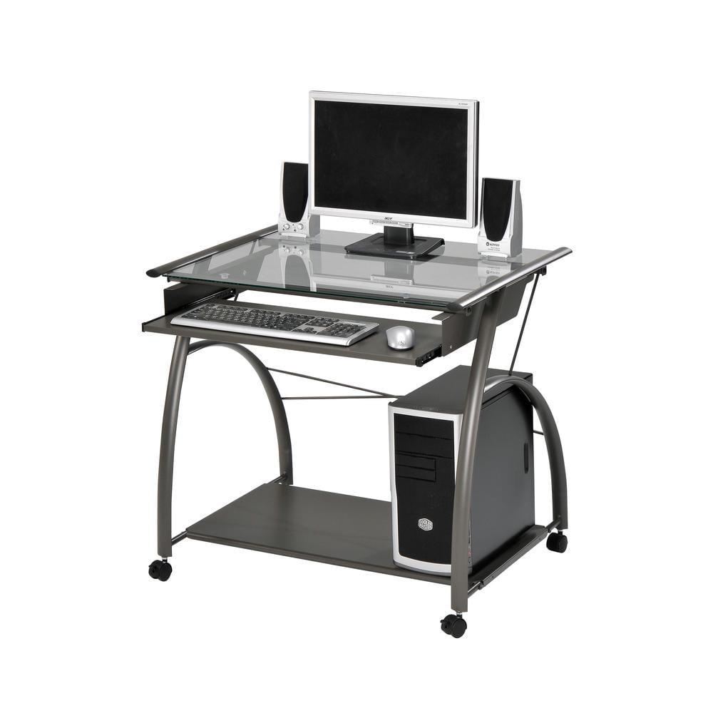 Vincent Pewter Gray Glass Top Computer Cart with Keyboard Tray