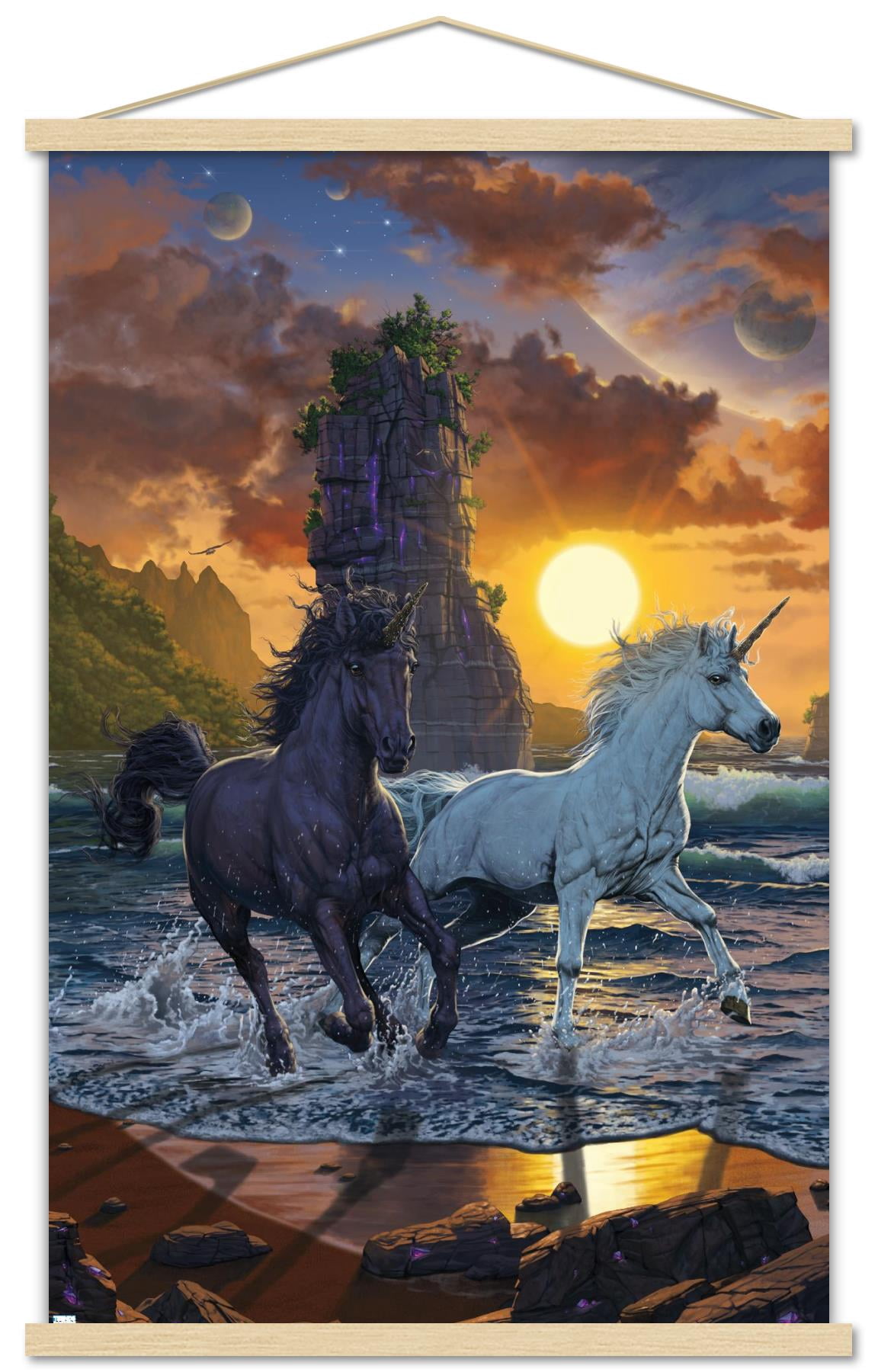 Vincent Hie - Unicorns On A Beach Wall Poster with Wooden Magnetic Frame, 22.375" x 34"