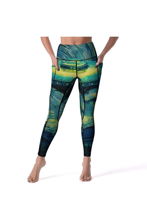 Vincent Starry Night Print Leggings Gym Yoga Pants High Waist Elegant Sport Pants Pockets Quick-Dry Design Yoga Legging