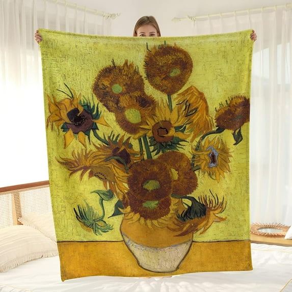 Vincent Van Gogh Blanket Flower Floral Gifts Vase with Fifteen Sunflowers Throw Presents for Mom Women Girls Birthday Mother''s Day Oil Painting Decor Soft Plush Throw Yellow 50"x60"