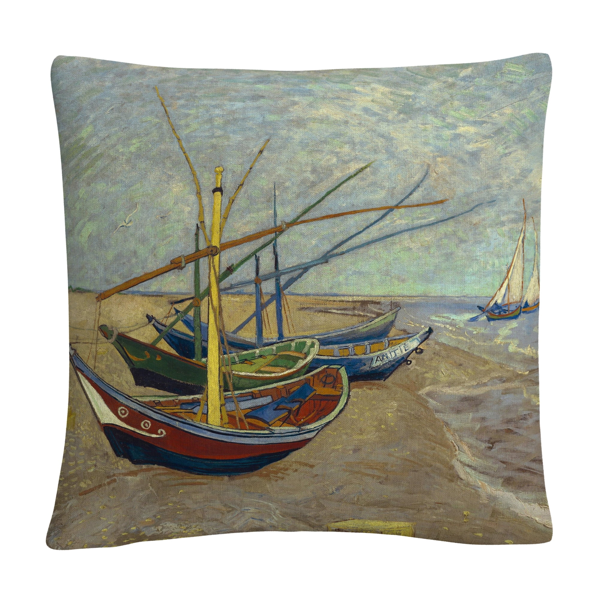 Vincent Van Gogh Fishing Boats Beach 16" Square Polyester Throw Pillow