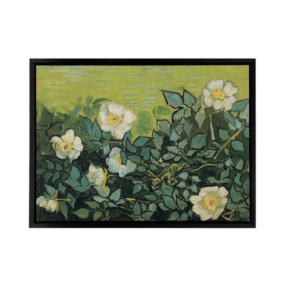 Vincent Van Gogh Wild Roses Floral Black Framed Canvas Wall Art Print 18X24"