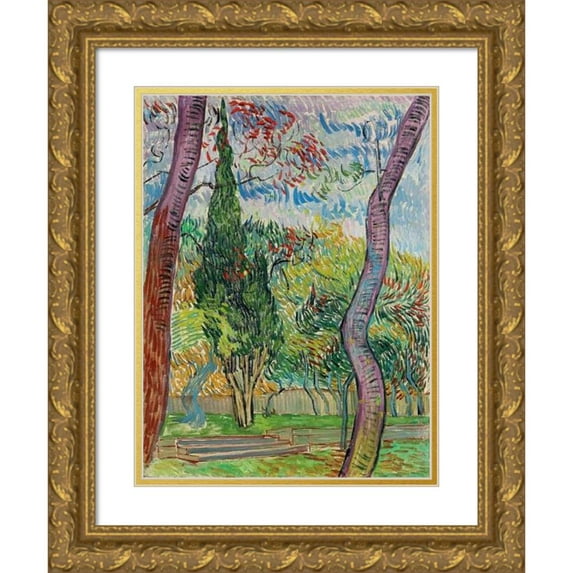 Vincent van Gogh 12x14 Gold Ornate Wood Frame and Double Matted Museum Art Print Titled - Saint-Paul Hospital Park (1889)