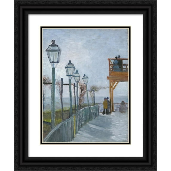 Vincent van Gogh 19x24 Black Ornate Framed Double Matted Museum Art Print Titled: Terrace and Observation Deck at the Moulin De Blute-Fin, Montmartre (Early 1887)