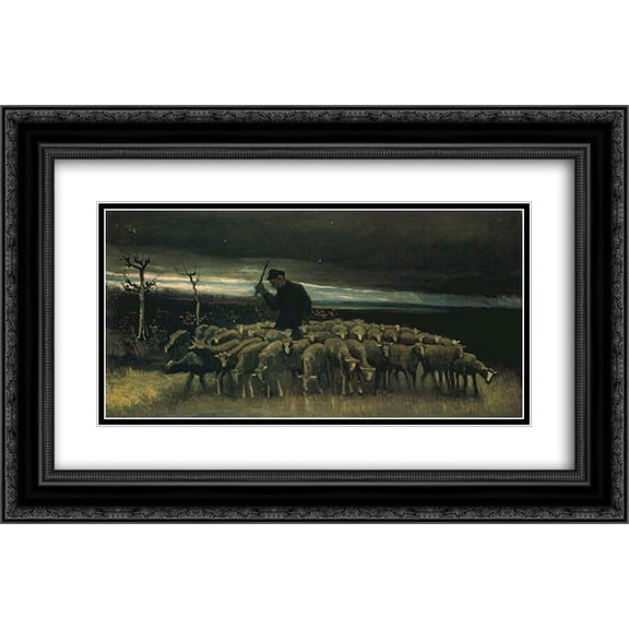 Vincent van Gogh 2x Matted 24x16 Black Ornate Framed Art Print 'Shepherd with a Flock of Sheep'