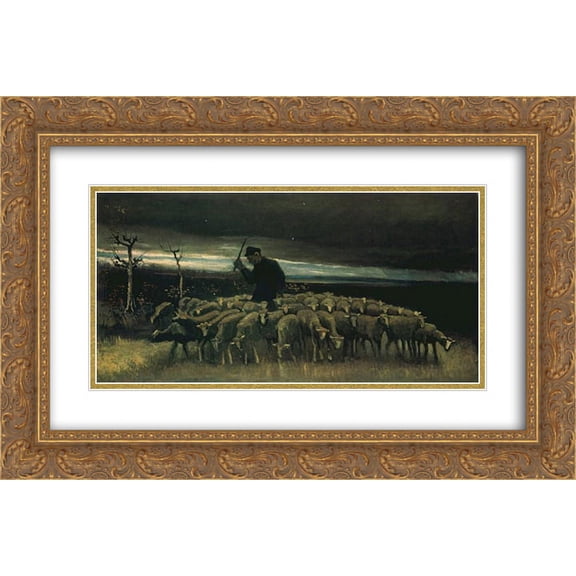 Vincent van Gogh 2x Matted 24x16 Gold Ornate Framed Art Print 'Shepherd with a Flock of Sheep'