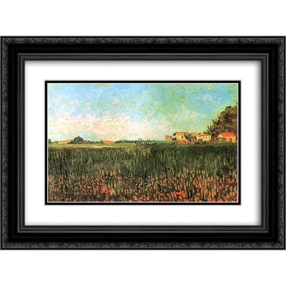 Vincent van Gogh 2x Matted 24x20 Black Ornate Framed Art Print 'Farmhouses in a Wheat Field Near Arles'