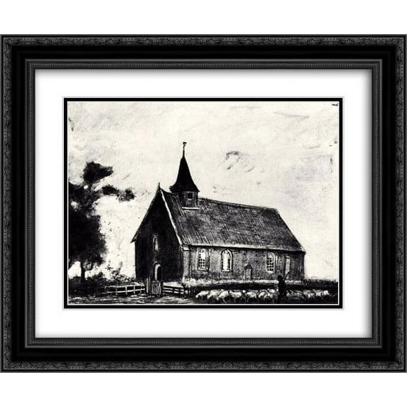 Vincent van Gogh 2x Matted 24x20 Black Ornate Framed Art Print 'Shepherd with Flock near a Little Church at Zweeloo'