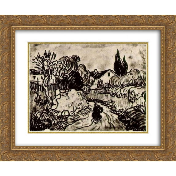 Vincent van Gogh 2x Matted 24x20 Gold Ornate Framed Art Print 'Landscape with Houses among Trees and a Figure'