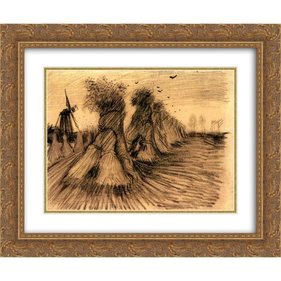 Vincent van Gogh 2x Matted 24x20 Gold Ornate Framed Art Print 'Stooks and a Mill'