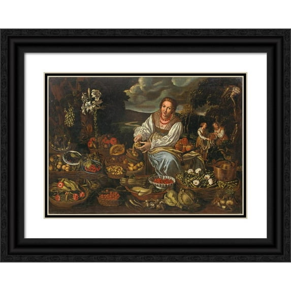 Vincenzo Campi 18x14 Black Ornate Wood Framed Double Matted Museum Art Print Titled - A Fruit and Vegetable Seller, Surrounded by Her Wares