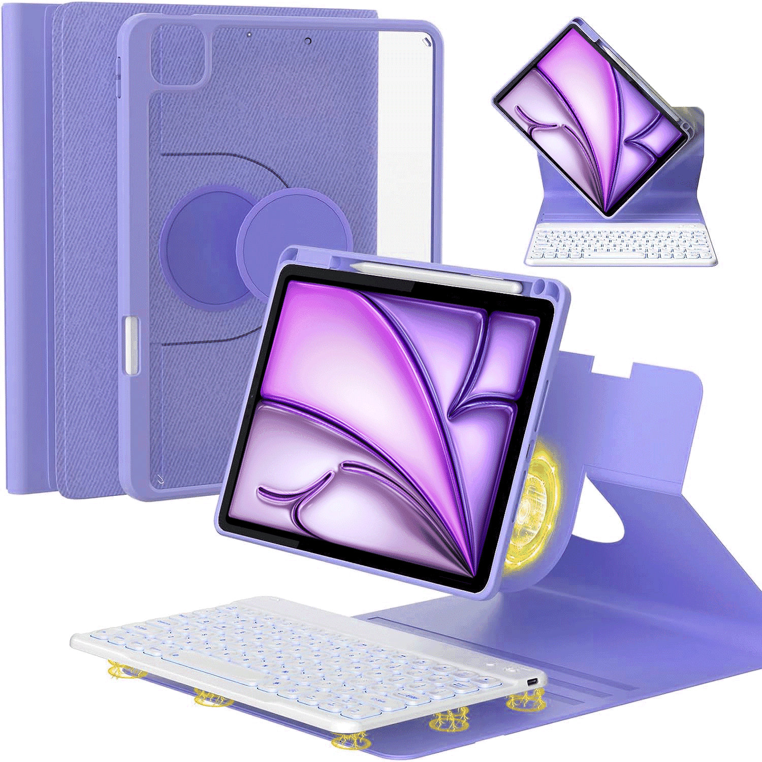 Vinci Keyboard Case for iPad Air 11-inch (M2) 2024 & iPad Pro 11(4th/3rd/2nd/1st Gen)，Air 6th/5th/4th 10.9”with Pencil Holder,360° Rotatable Magnetic Case,7 Colors Backlight Wireless Keyboard(Purple)
