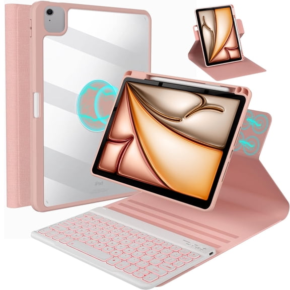 Vinci Keyboard Case for iPad Air 11-inch M4 M3 M2, Air 5th/4th Gen 10.9, iPad Pro 11-inch 4th/3rd/2nd/1st Gen, 360° Rotatable Magnetic Keyboard with Pencil Holder, 7-Color Backlit (Pink)
