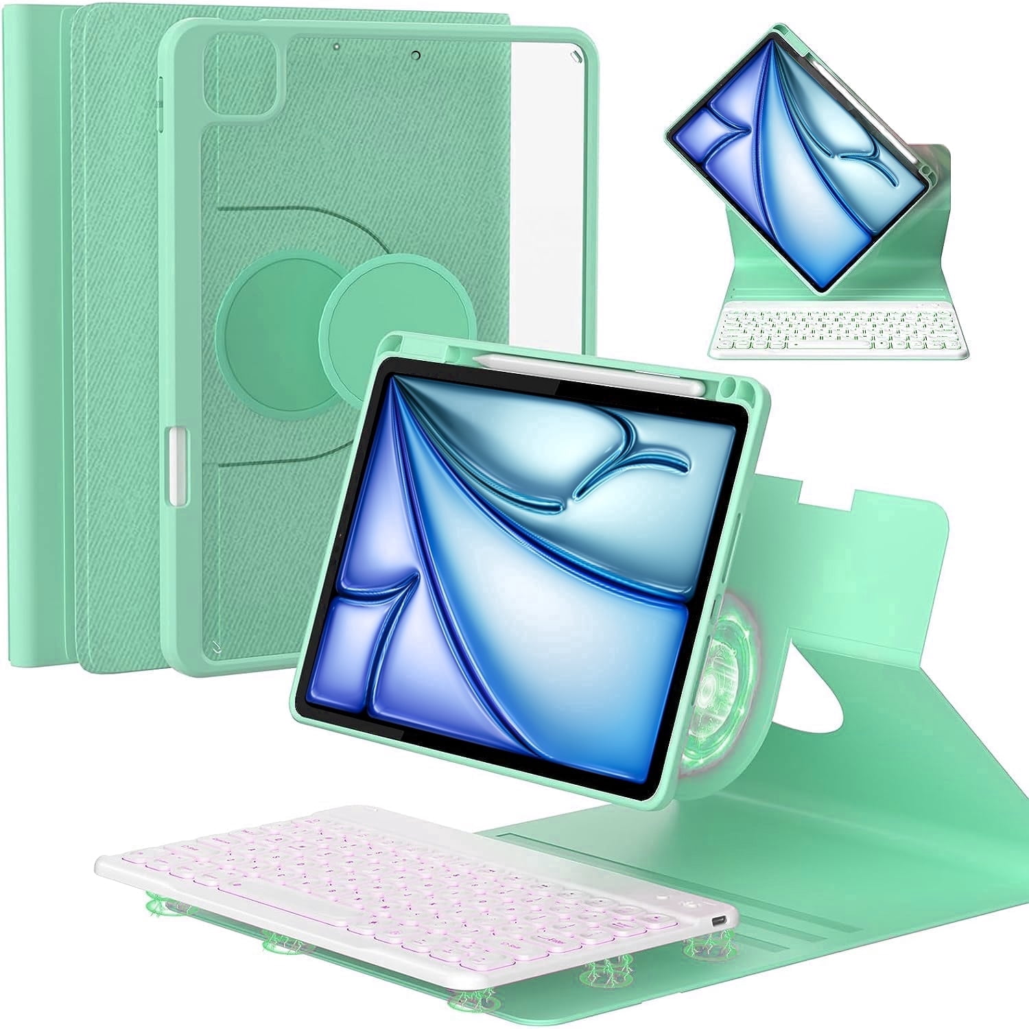 Vinci Keyboard Case for iPad Air 11-inch (M2) /6th 2024 & iPad Pro 11(4th/3rd/2nd/1st Gen)，Air 5th/4th 10.9”with Pencil Holder,360° Rotatable Magnetic Case,7 Colors Backlight Wireless Keyboard(Green)