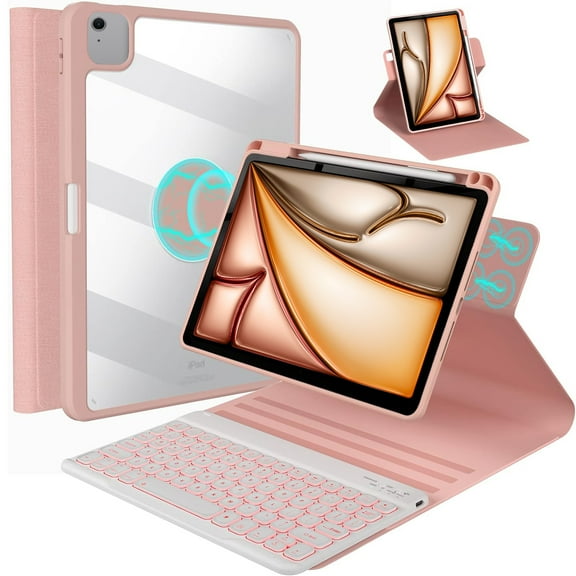 Vinci Keyboard Case for iPad Air 11-inch (M2) /6th 2024 & iPad Pro 11(4th/3rd/2nd/1st Gen)，Air 5th/4th 10.9”with Pencil Holder,360° Rotatable Magnetic Case,7 Colors Backlight Wireless Keyboard(Pink)