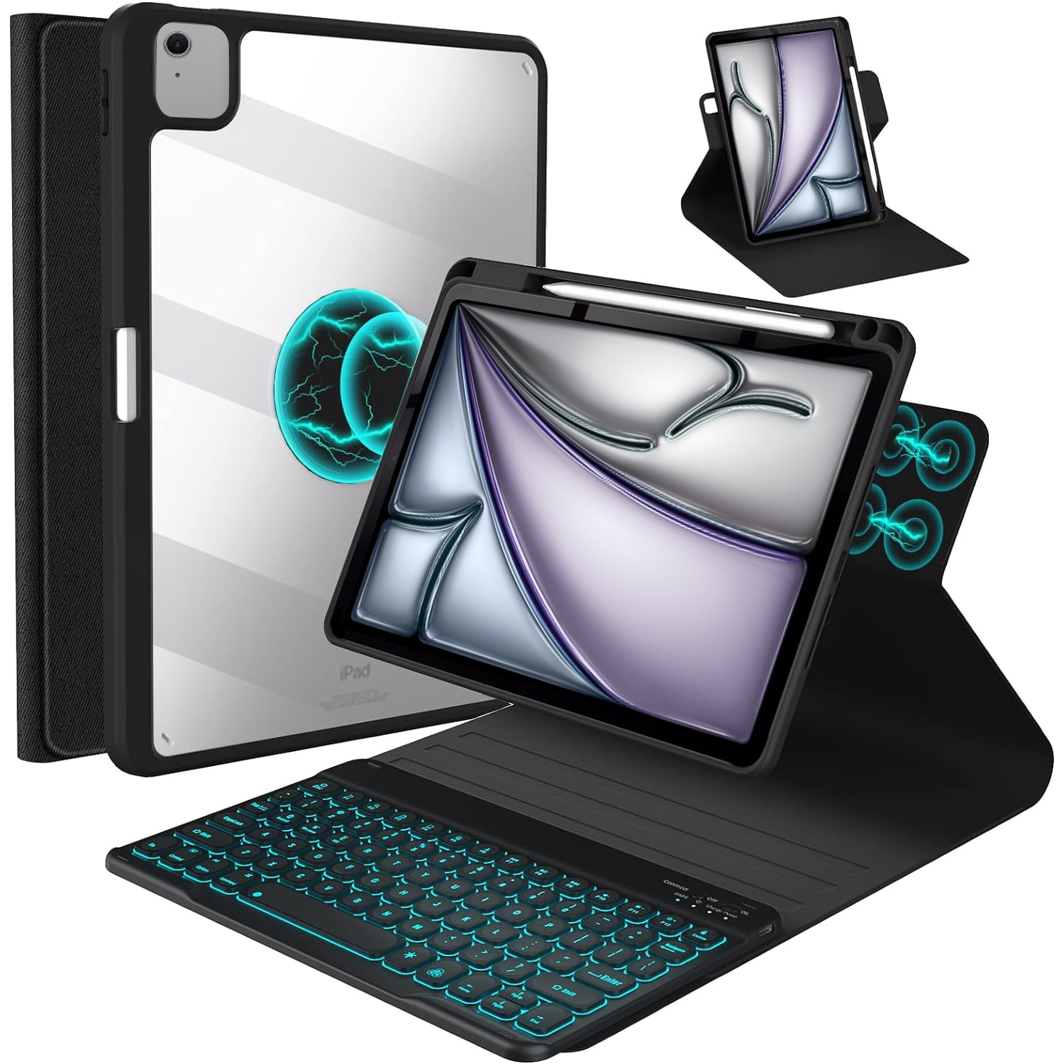 Vinci Keyboard Case for iPad Air 11-inch (M2) /6th 2024 & iPad Pro 11(4th/3rd/2nd/1st Gen)，Air 5th/4th 10.9”with Pencil Holder,360° Rotatable Magnetic Case,7 Colors Backlight Wireless Keyboard(Black)
