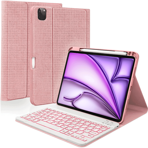 Vinci Keyboard Case for iPad Air 13-inch (M2) 2024 and iPad Pro 12.9 inch (6th/5th/4th/3rd Gen), 7 Colors Backlight Magnetic Detachable Wireless Keyboard Cover with Pencil Holder (Pink)