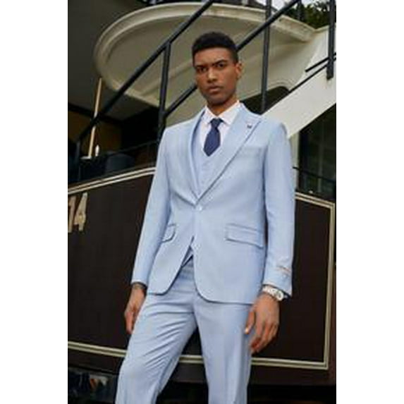 Stacy Adams Mens Pinstripe Suit Light Blue Modern Fit SM147H1-09