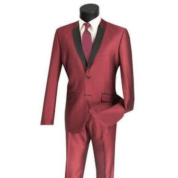 Vinci Men's Slim Fit Shiny Maroon Sharkskin Prom Party Suit S2PS-1