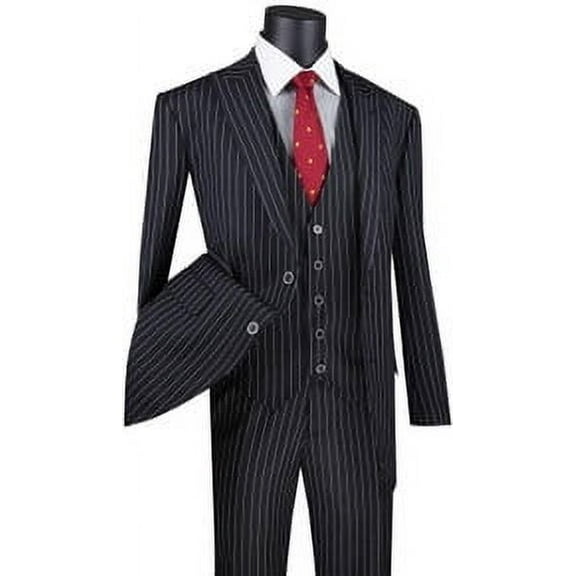 Vinci Mens Black Pinstripe 3 Piece Suit with Vest V2RS-9