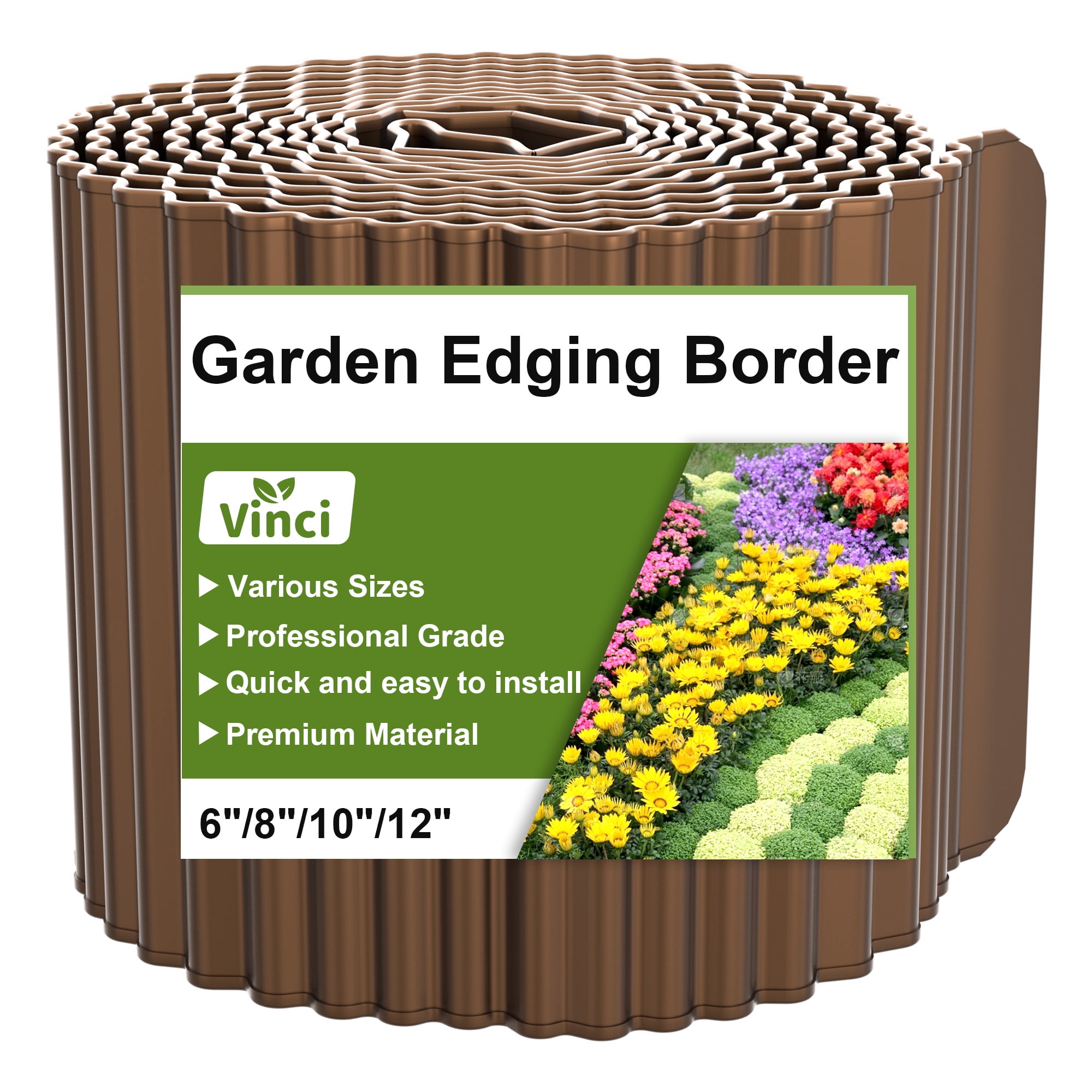 Vinci Metal Landscape Edging Border, 12 Inch x 20 FT Corrugated Steel Garden Edging with Rolled Safety Edges, Flexible Lawn & Flower Bed Edging for Yard, Multiple Sizes & Colors (Brown)