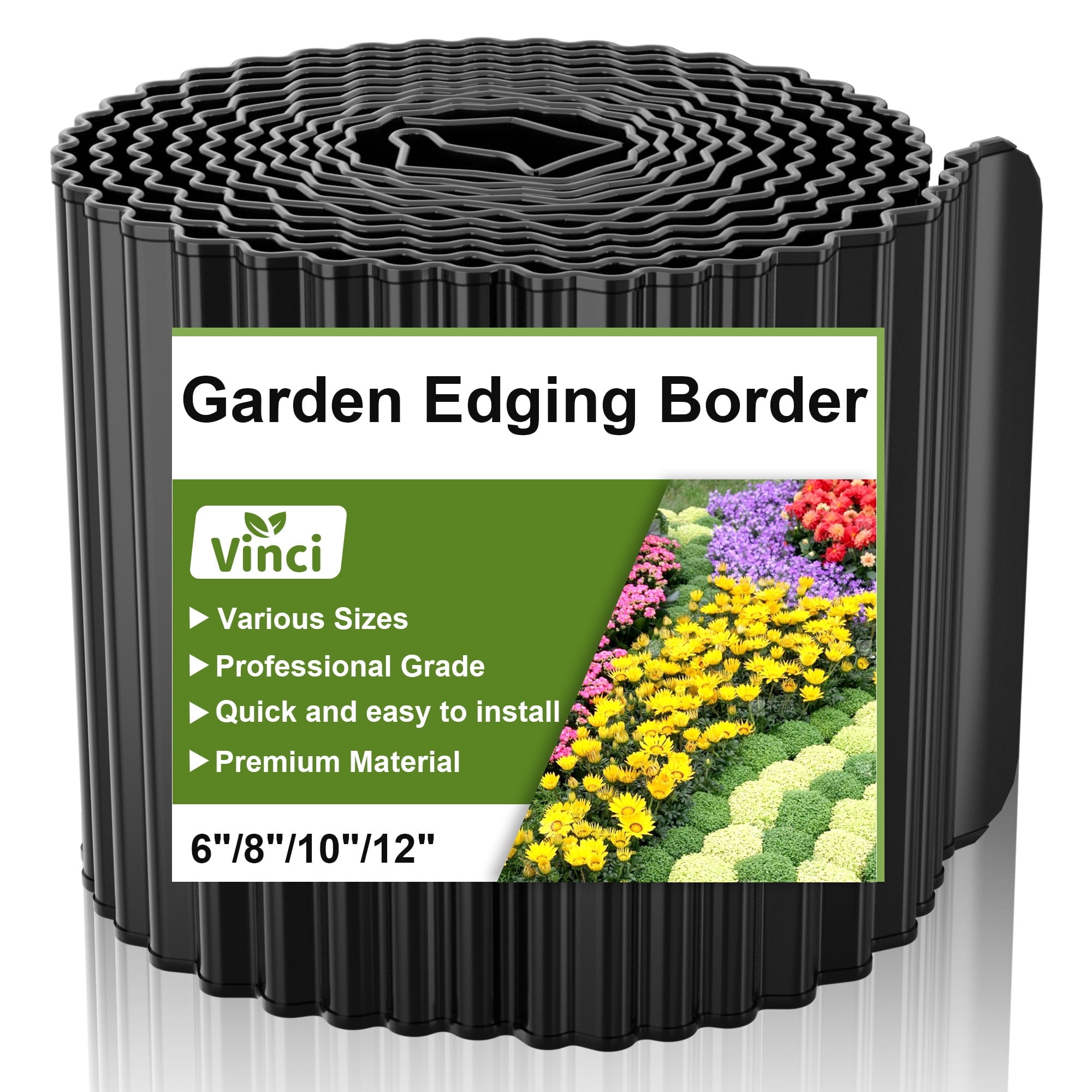 Vinci Metal Landscape Edging Border, 6 Inch x 20 FT Corrugated Steel Garden Edging with Rolled Safety Edges, Flexible Lawn & Flower Bed Edging for Yard, Multiple Sizes & Colors (Black)