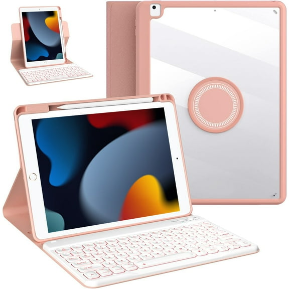 Vinci Pad 9th/8th/7th Generation Keyboard Case 10.2 inch,360° Rotatable Magnetic 10.5-inch iPad Pro Air 3 Case with Pencil Holder,7 Color Backlit Removable Wireless Folio Keyboard Tablet Cover (Pink)