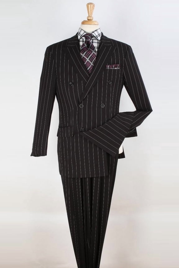 Vinci Suits 1920s Double Breasted Pinstripe Suit Black From Size 58 Regular