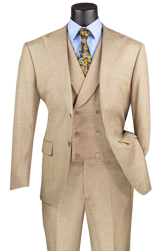 Vinci Suits Summer Sharkskin Suit With Double Breasted Vest Tan Taupe Size 54 Long