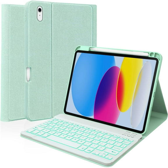 Vinci iPad (A16) 11th 10th Generation Case with Keyboard, 7-Color Backlit Wireless Detachable Folio Keyboard Cover with Pencil Holder for 11'' iPad A16 2025 10.9 Inch 10th 2022 (Green)