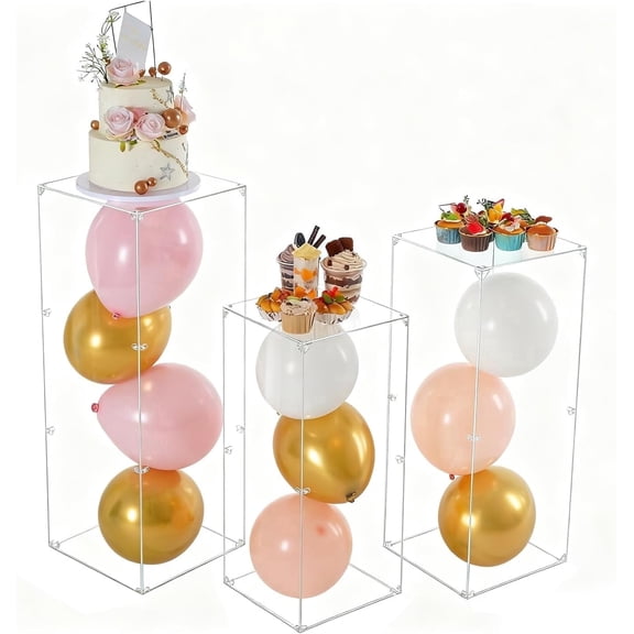 3 Pack Clear Acrylic Square Pedestal Stand, Hollow Display Riser for Wedding, Birthday Party, Bridal Shower, Art Gallery & Home Decor
