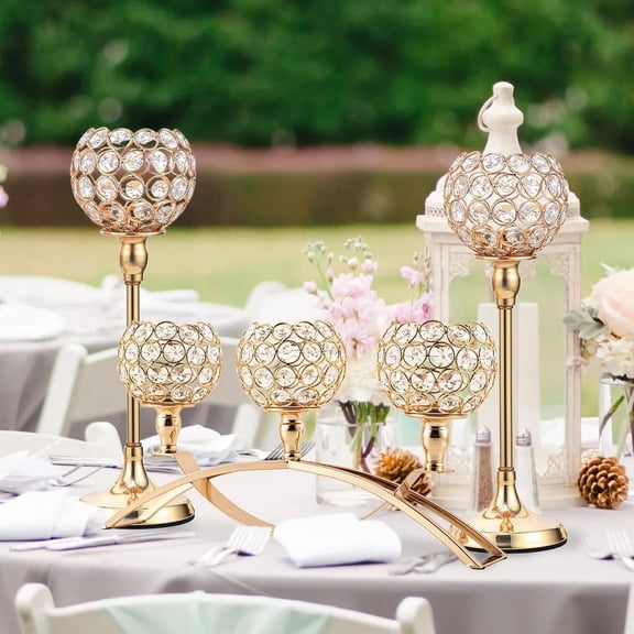 Vincigant Gold Crystal Candle Holders Set of 8 with 4Sets Crystal Candelabra 3 Arm Candlesticks Holder Table Centerpiece,Candelabra Centerpieces for Wedding Party Anniversary Home Living Room Decor