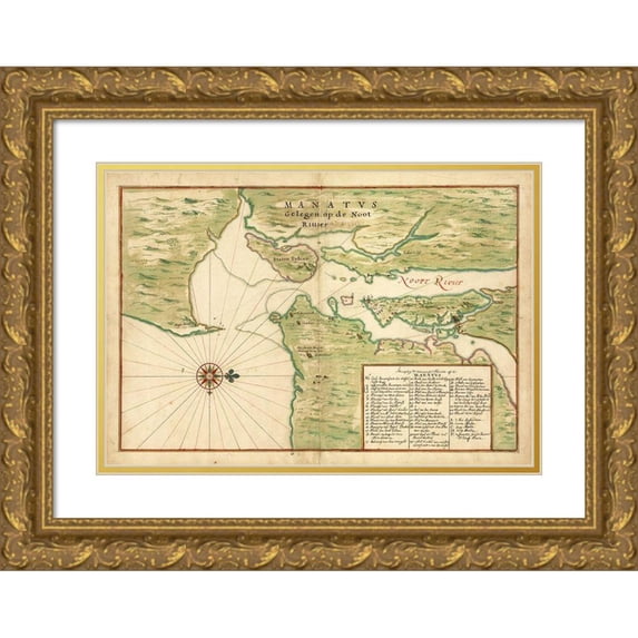 Vinckeboons, Joan 18x14 Gold Ornate Wood Framed with Double Matting Museum Art Print Titled - Map of New York City Region - Manatvs gelegen op de Noot Riuier, 1639
