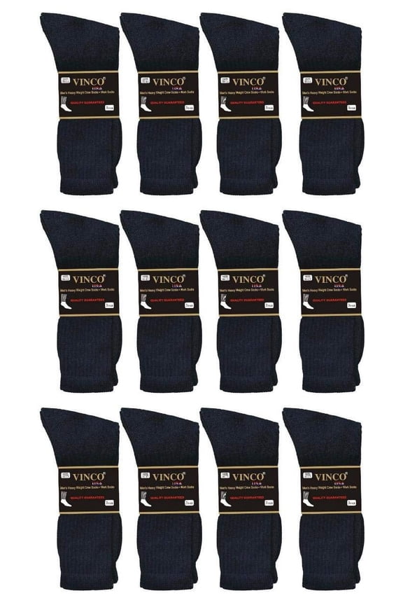 Vinco Men's Premium Cushioned Cotton Athletic Crew Socks, Moisture-Wicking All-Purpose Work & Sports Socks (12 Pairs-Black, Socks Size 10-13, Fit Women's Shoe Size 7-12)