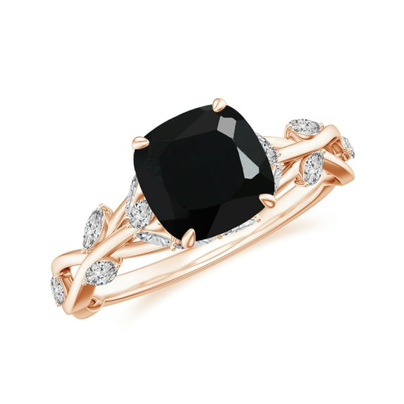 Vine Art Leaf Style Moissanite Ring Cushion Cut Black Onyx Engagement Ring in Sterling Silver/ Rose Gold Plated Engraved Promise Wedding Band Ring July Birthstone Jewelry, Ring Size 5