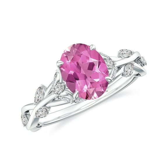 Vine Art Leaf Style Moissanite Ring Oval Shaped Pink Tourmaline Engagement Ring in Sterling Silver/ White Gold Plated Engraved Promise Wedding Band Ring October Birthstone Jewelry, Ring Size 9