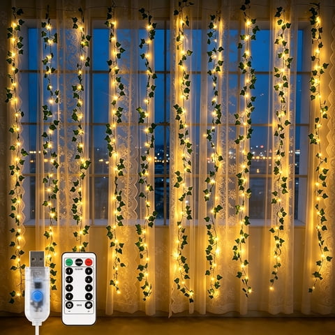 Fairy Lights Curtain with Remote 9.9x6.6ft 200 LED Ivy Vine Curtain Lights IP43 USB Powered Green Leaf Fairy String Lights for Bedroom Wedding Party