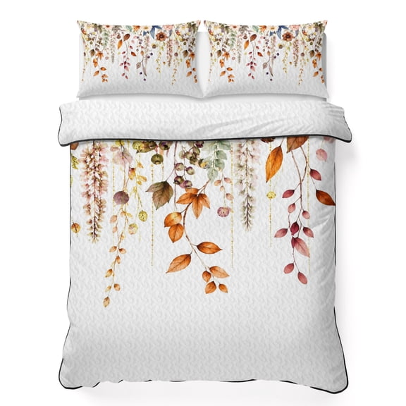 Vine Floral 3 Piece Quilt Bedding Set with 2 Pillow Shams, Fall Amber Ochre Wisteria Aesthetic Flower Botanical Lightweight Bedspread Coverlet, Soft Breathable All Season Quilt, 79 x 90 Inch