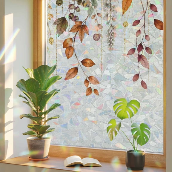 Vine Floral Window Privacy Film, Fall Aesthetic Flower Rustic Botanical Linen Texture Stained Glass Rainbow Film Decorative Window Clings, Static Cling Sun Blocking Stickers 17.7" x 39.3"