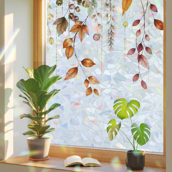Vine Floral Window Privacy Film, Fall Amber Ochre Wisteria Aesthetic Flower Botanical Stained Glass Rainbow Film Decorative Window Clings, Static Cling Sun Blocking Stickers 23.6" x 59"