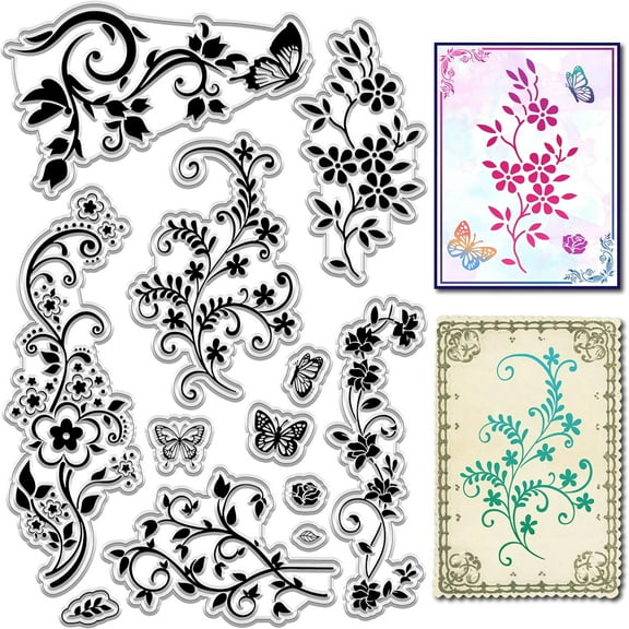Vine Flower Clear Stamps Butterfly Lace Plant Reusable Background Postmark Transparent Silicone Stamp Seals for Journaling Card Making Decor Scrapbooking Supplies Film Frame colorful DIY
