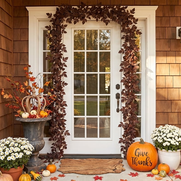 Vine Garland, Chenille Sticks Maple Leaf Branch, Fall Tone Foliage Vine, Artificial Greenery for Front Door, Patio, Living Room, Holiday Gathering and Indoor Outdoor Ornament