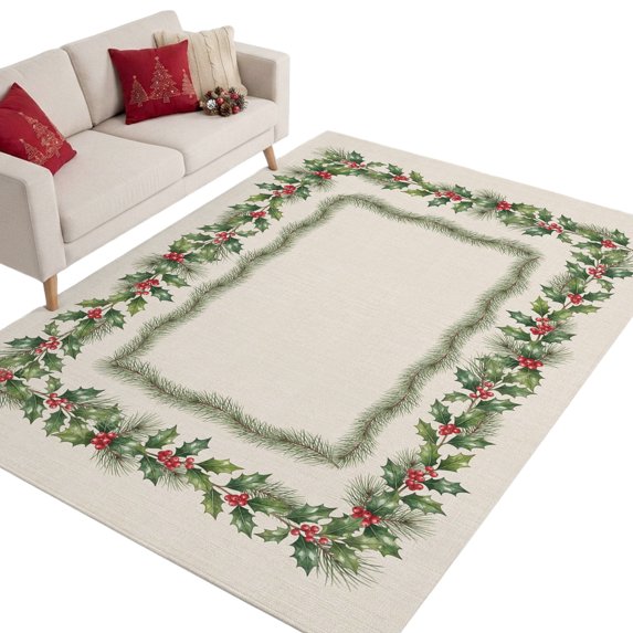 Vine Garland Square Border Washable Area Rug 6 x 9 ft Winter Christmas Twig Frame Green Soft Non‑Slip Rugs Stain Repellent Indoor Mats for Living‑Room Great Room Large Formal Dining‑Room